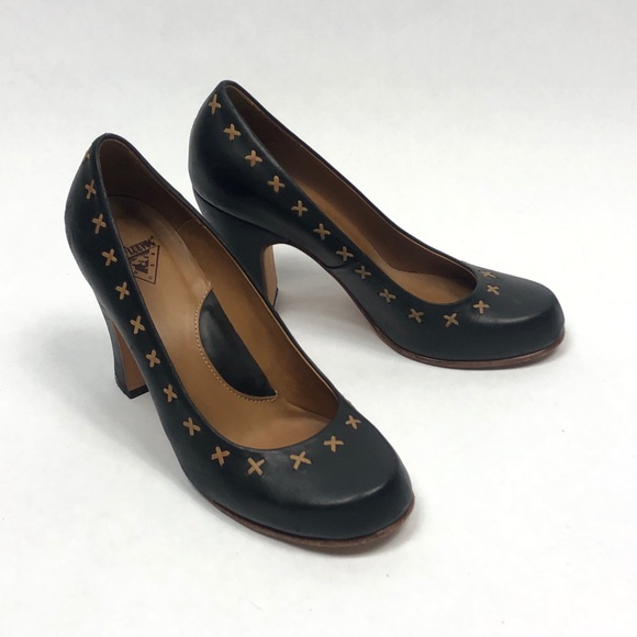 John Fluevog Black Heels with Tan Stitching - Picture 2 of 11